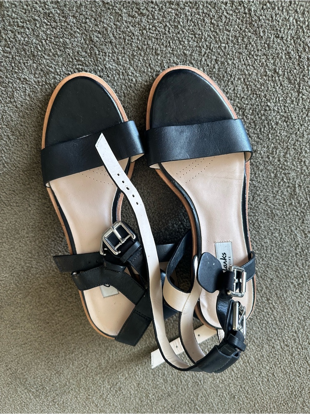 Clarks black leather ankle strap sandals